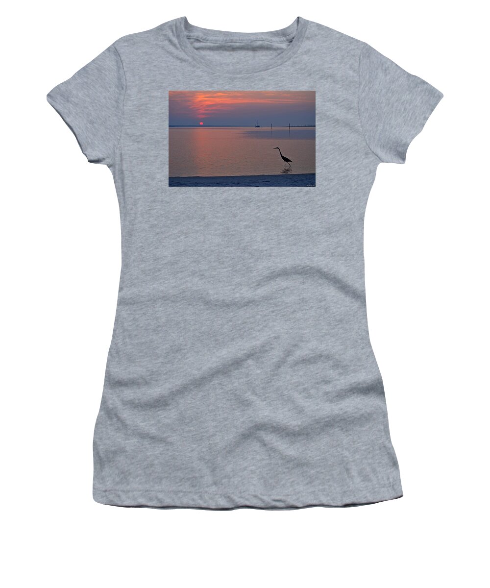 Harry The Heron Women's T-Shirt featuring the photograph Harry the Heron Fishing on Santa Rosa Sound at Sunrise by Jeff at JSJ Photography