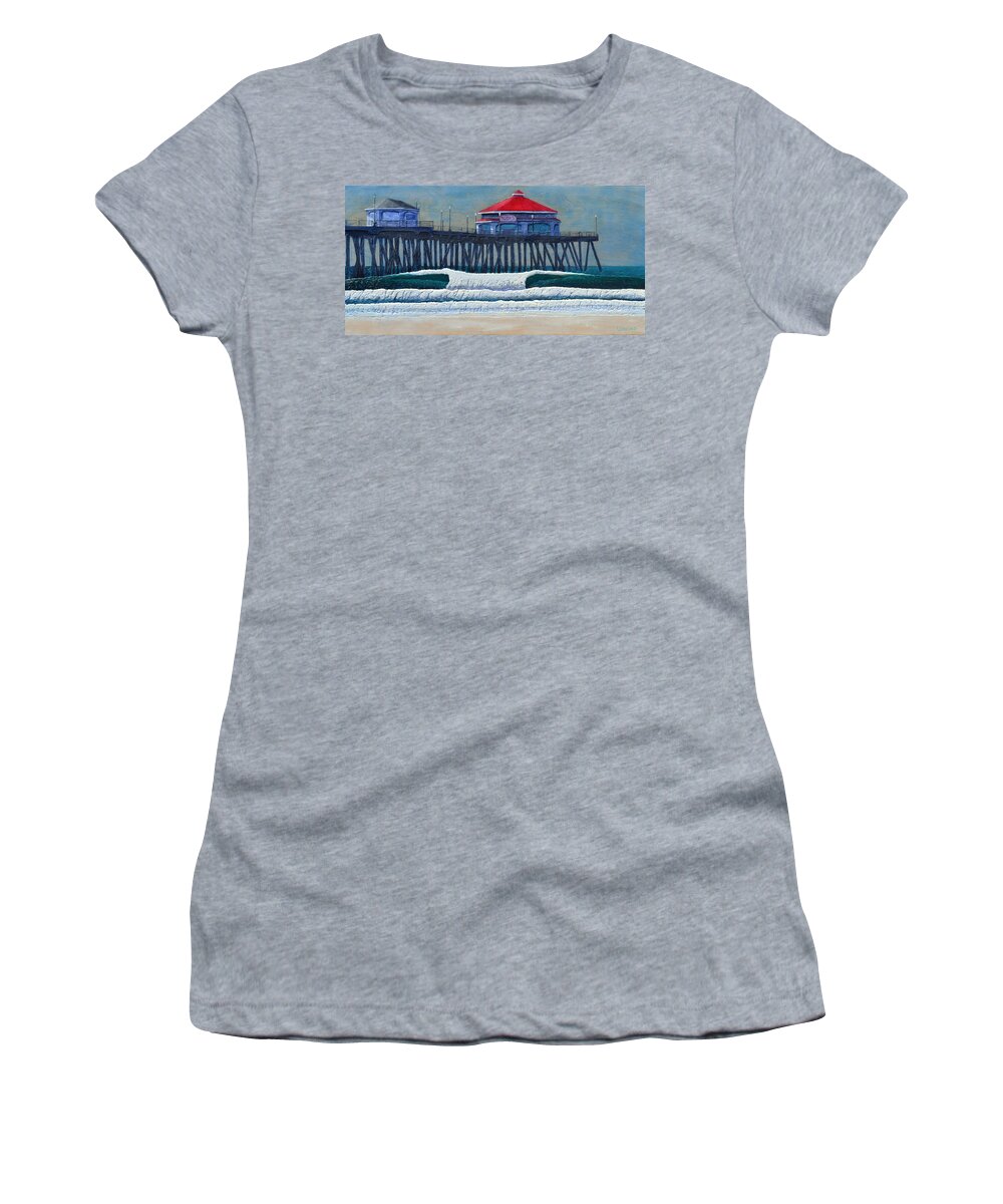 Wave Women's T-Shirt featuring the painting HB Pier by Nathan Ledyard