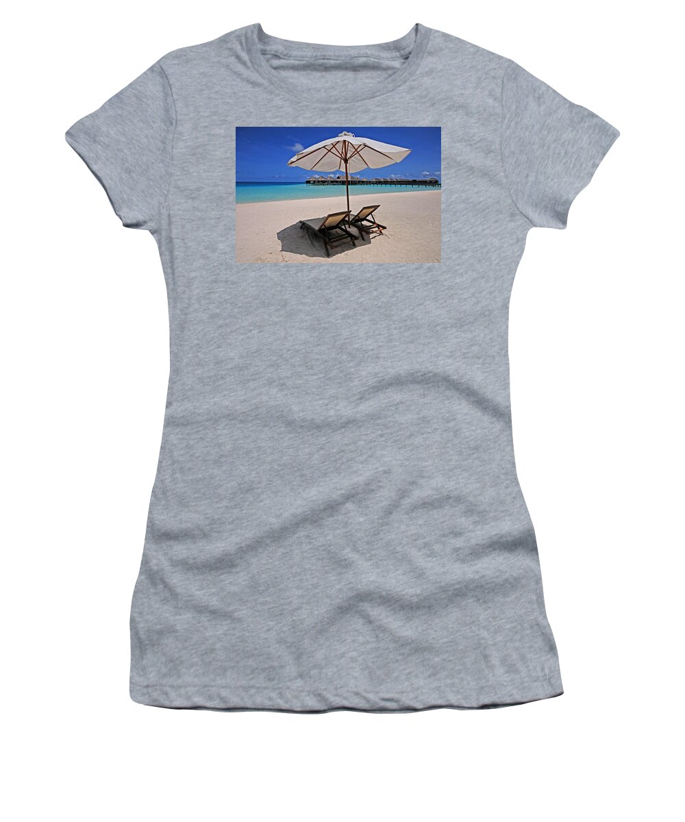 Maldives Women's T-Shirt featuring the photograph Hideaway under the Tropical Sun. Maldives by Jenny Rainbow