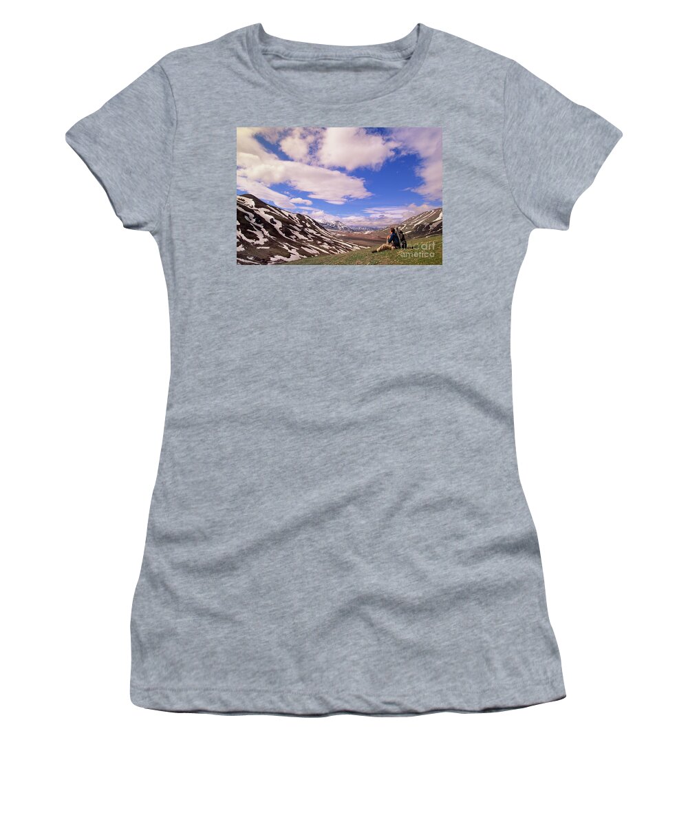00341520 Women's T-Shirt featuring the photograph Hiker And The Alaska Range by Yva Momatiuk John Eastcott