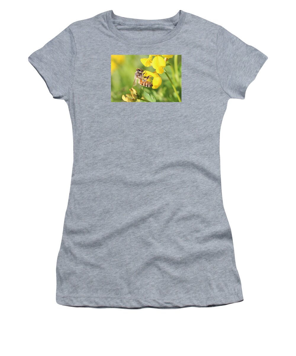 Honeybee Women's T-Shirt featuring the photograph honeybee on Birdsfool Trefoil by Lucinda VanVleck