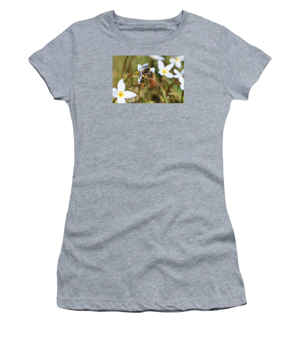Honeybee Women's T-Shirt featuring the photograph Honeybee on Bluet by Lucinda VanVleck