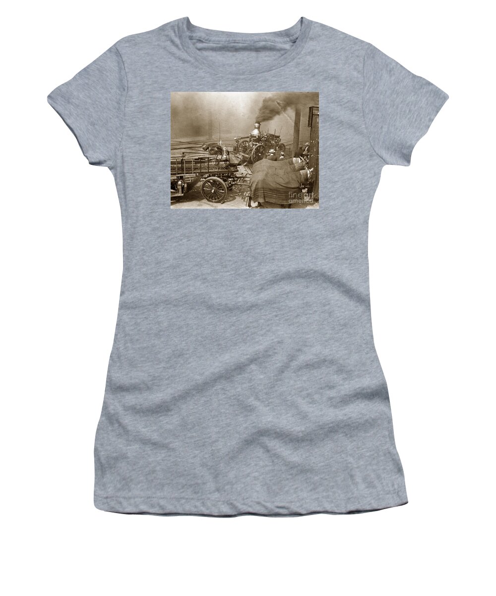 Fire Truck Women's T-Shirt featuring the photograph Horse Drawn Water Steam Pumper Fire truck circa 1906 by Monterey County Historical Society