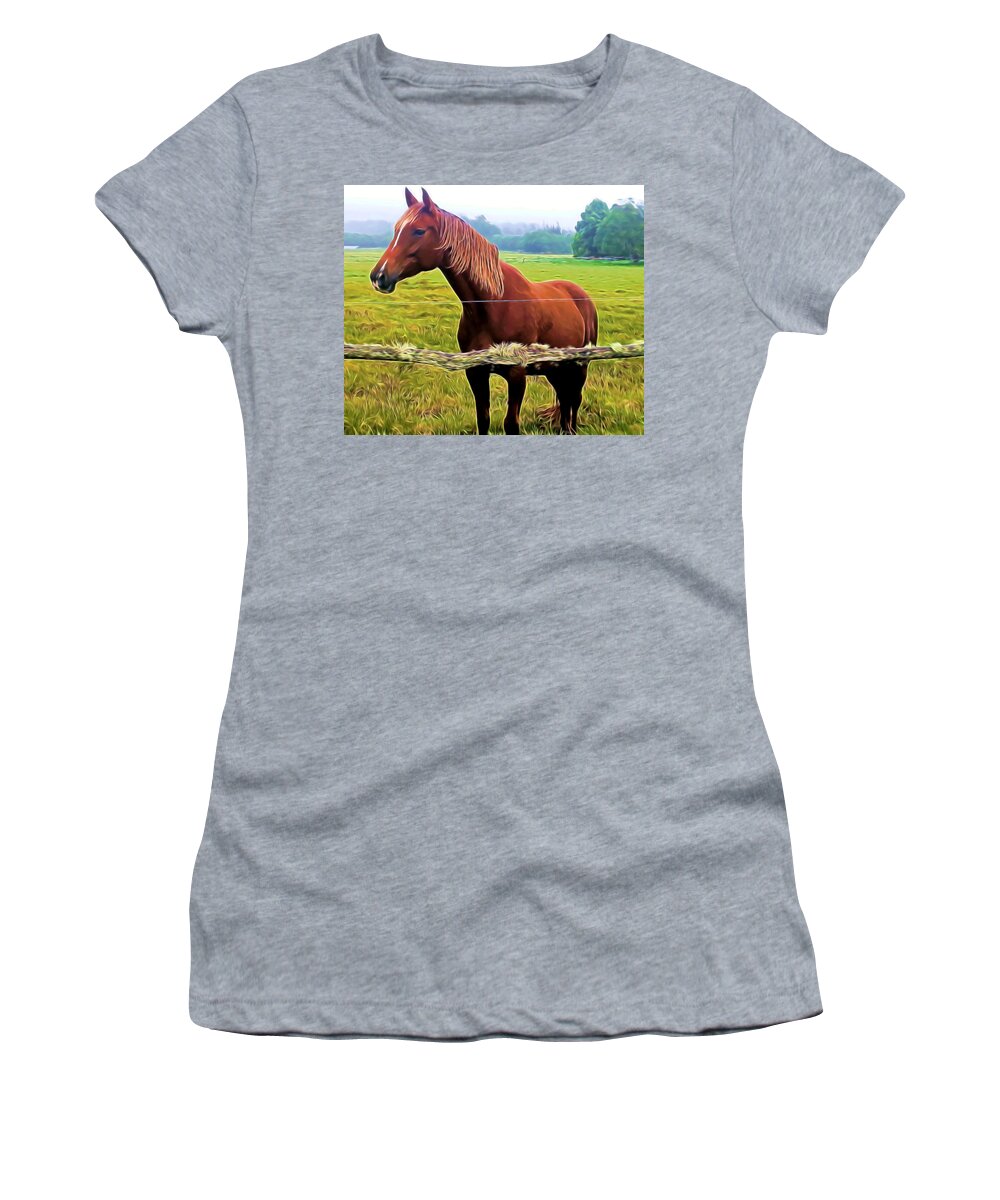 Horse Women's T-Shirt featuring the mixed media Horse in the Pasture by Pamela Walton