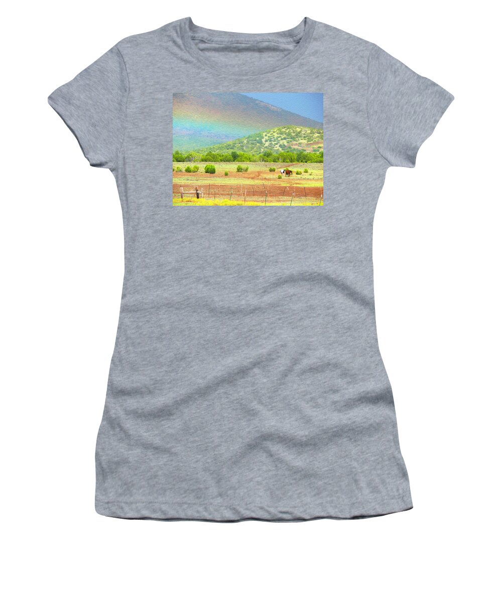 Rainbow Women's T-Shirt featuring the photograph Horses at the end of the rainbow by Tracy Winter