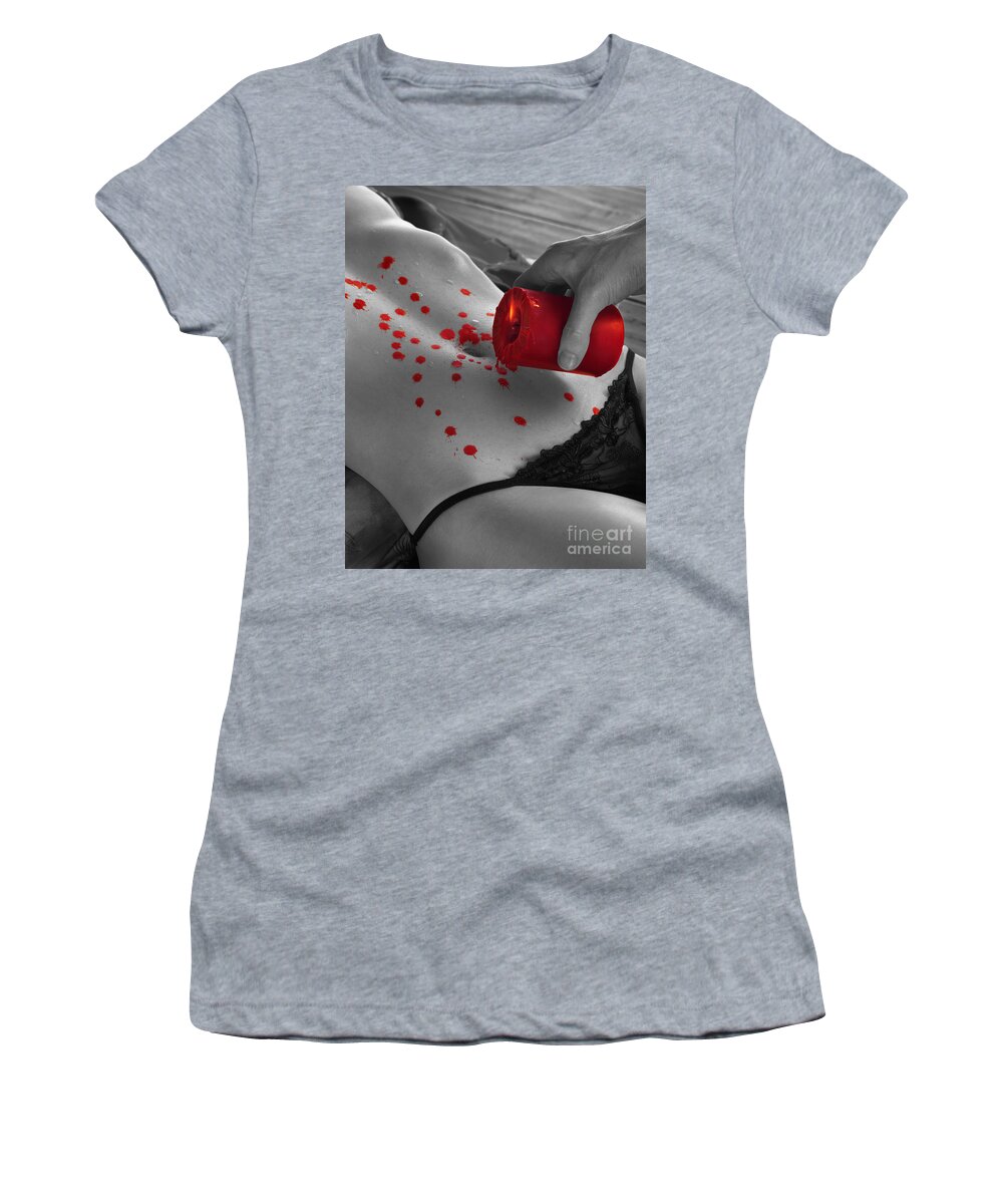Hot wax from candle dripping on woman body Womens T-Shirt by Maxim Images Exquisite Prints image photo