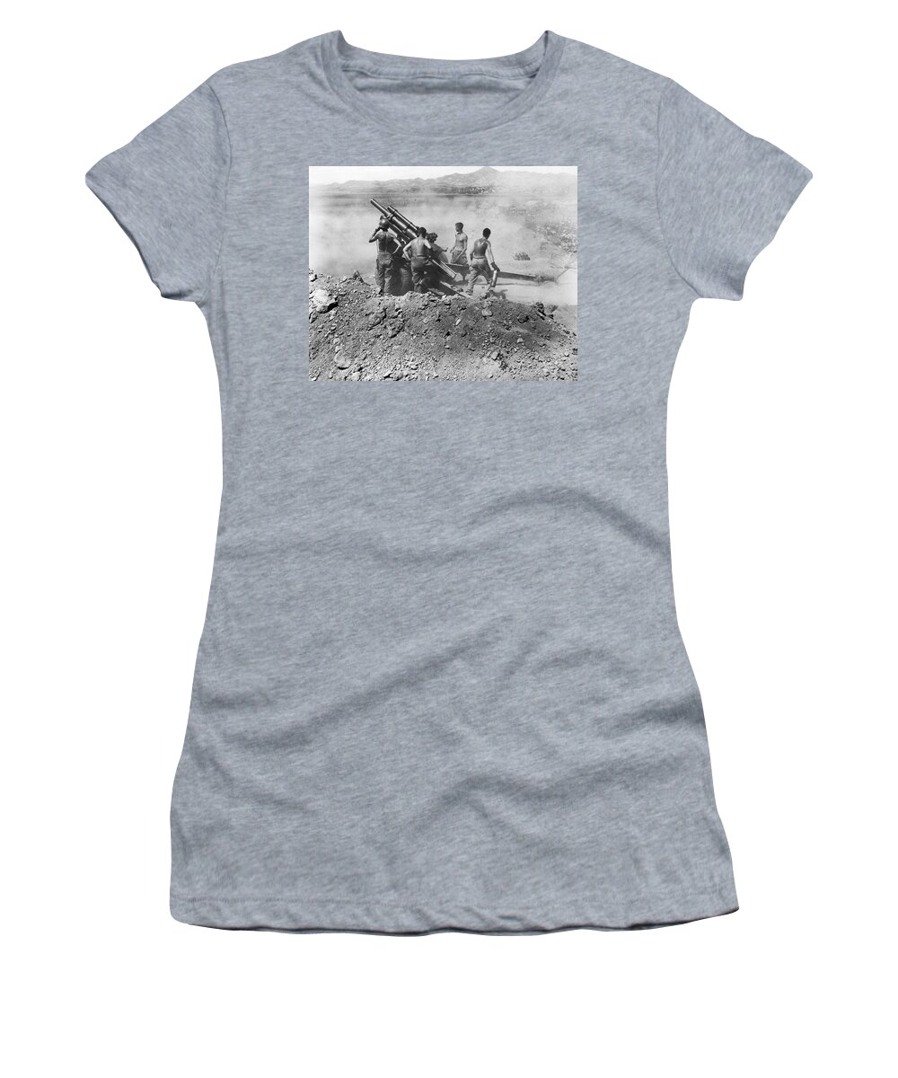 1940s Women's T-Shirt featuring the photograph Howitzer Shelling In Korea by Underwood Archives