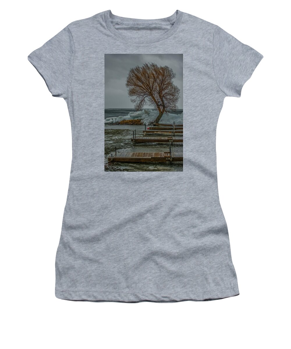 Lake Milacs Women's T-Shirt featuring the photograph Ice Buildup On Milacs by Paul Freidlund