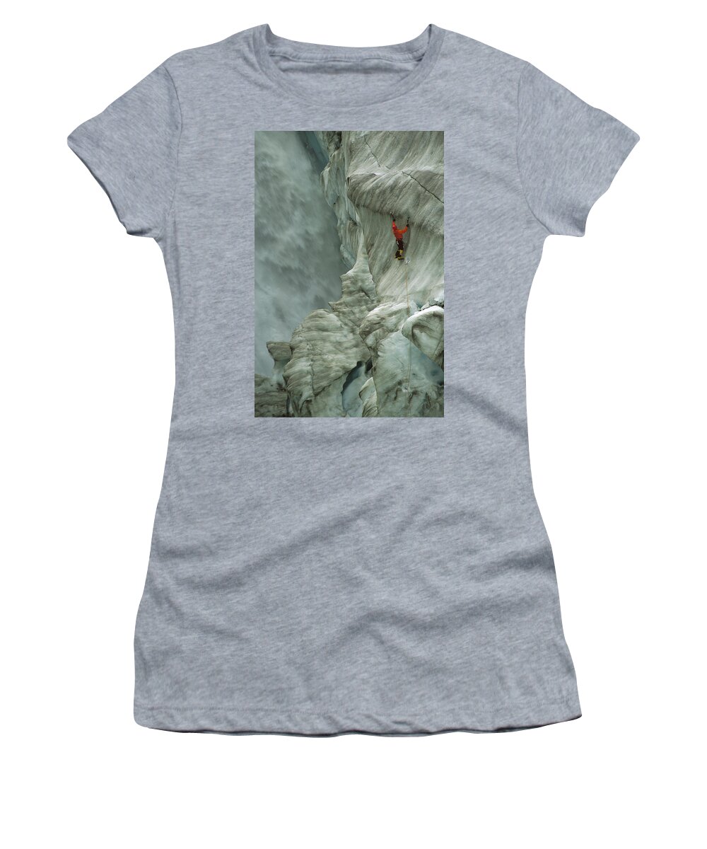 Feb0514 Women's T-Shirt featuring the photograph Ice Climber In Fox Glacier Crevasse by Colin Monteath
