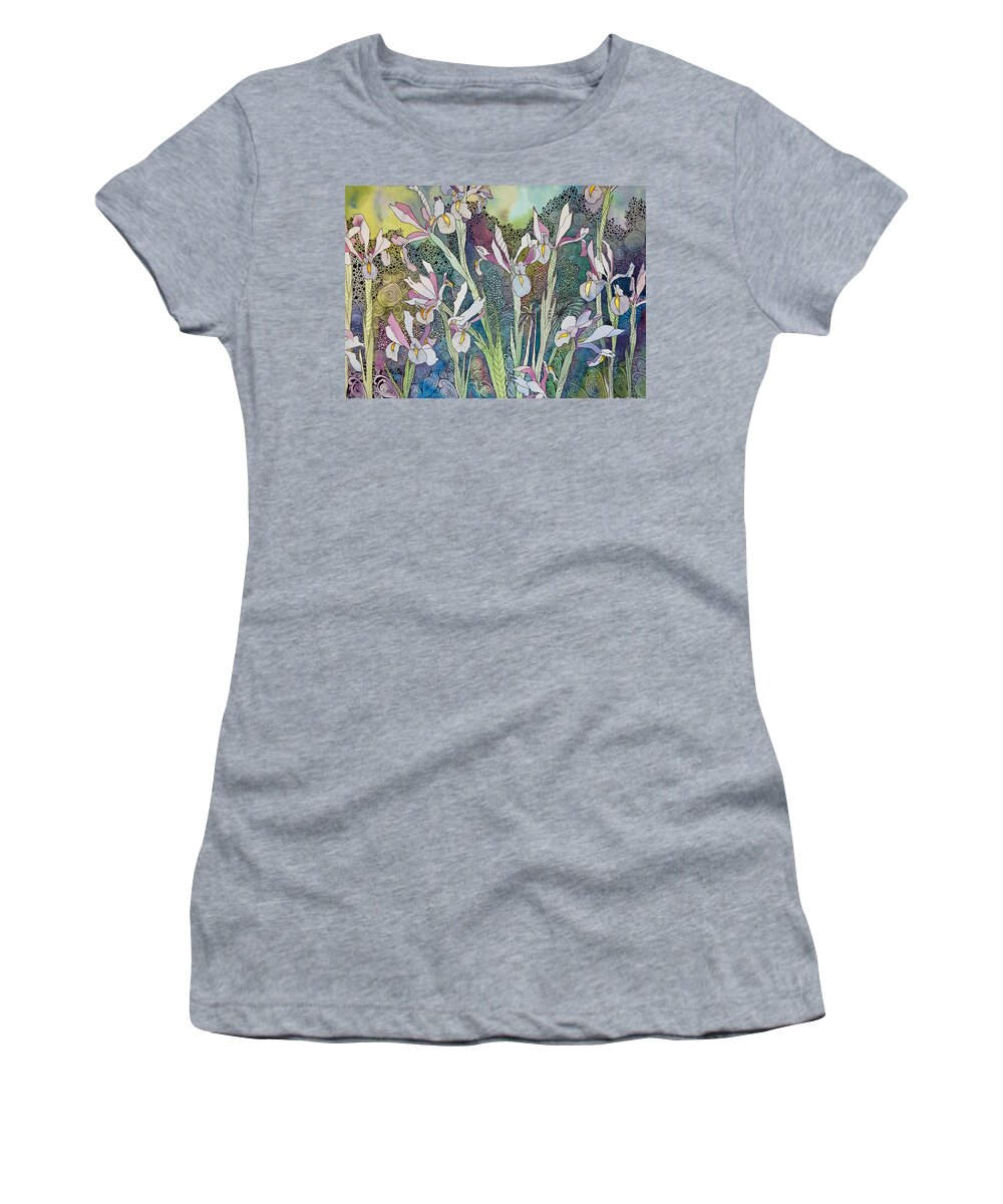 Irises Women's T-Shirt featuring the painting Irises and Doodles by Terry Holliday