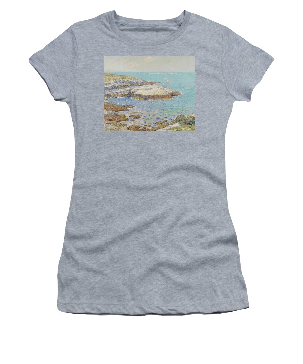 New England; America; American; Landscape; View; Coast; Coastal; Seascape; Us; Usa; United States; New Hampshire; Maine; Summer; Summertime; Isles Of Shoals; Island; Islands; Sailing Boat; Sails; Lighthouse; Rocks; Rocky; Shore; Shoreline; Impressionism; Impressionist; Sea Women's T-Shirt featuring the painting Isles of Shoals by Childe Hassam