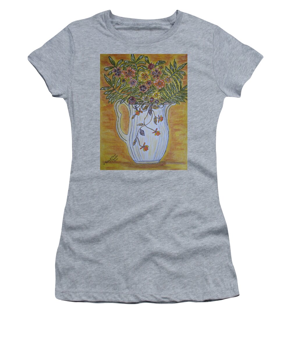 Jewel Tea Women's T-Shirt featuring the painting Jewel Tea Pitcher with Marigolds by Kathy Marrs Chandler