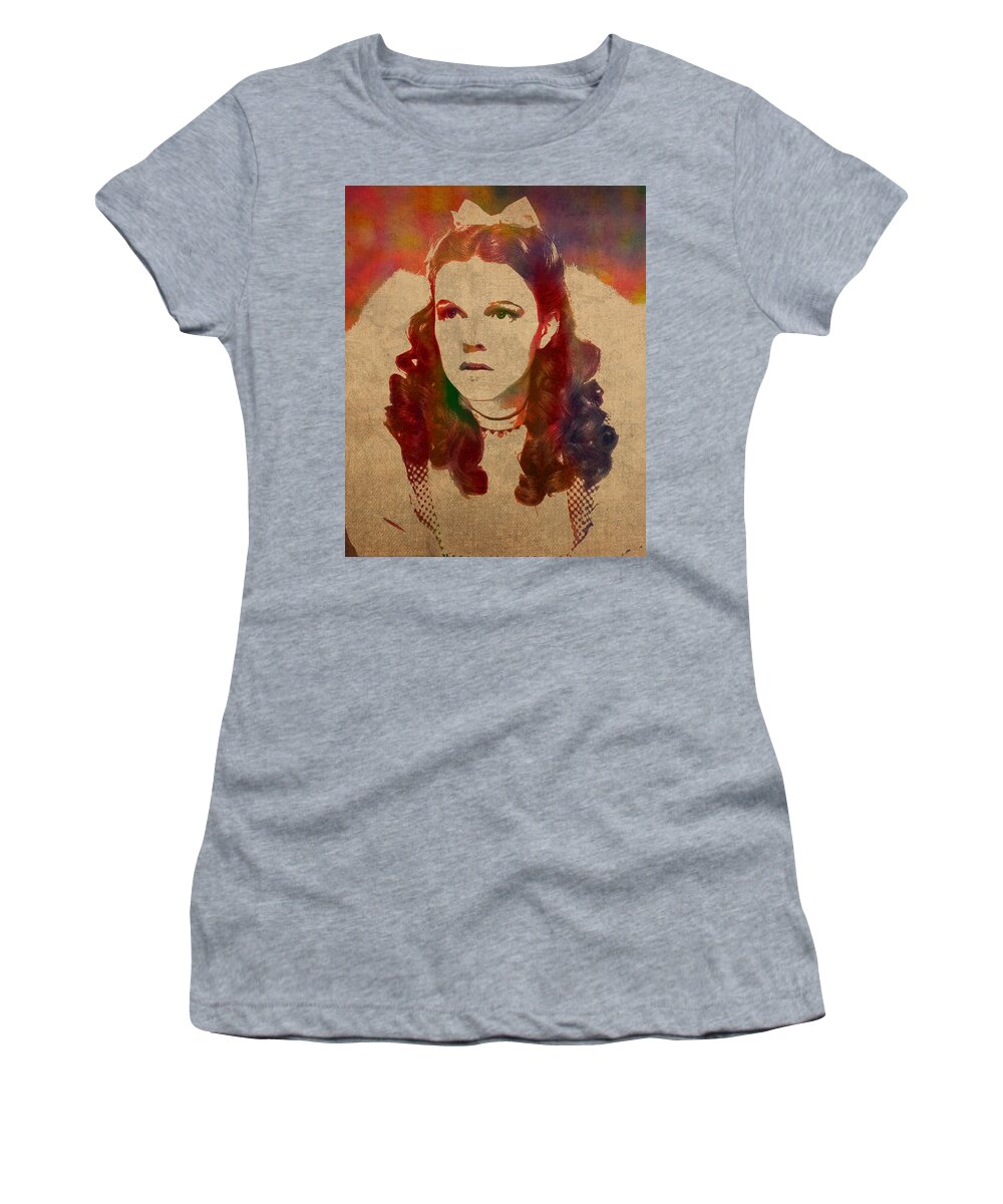 Judy Garland Women's T-Shirt featuring the mixed media Judy Garland as Dorothy Gale in Wizard of Oz Watercolor Portrait on Worn Distressed Canvas by Design Turnpike
