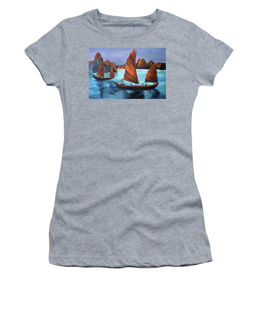 Fishing Women's T-Shirt featuring the painting Junks In the Descending Dragon Bay by Taiche Acrylic Art