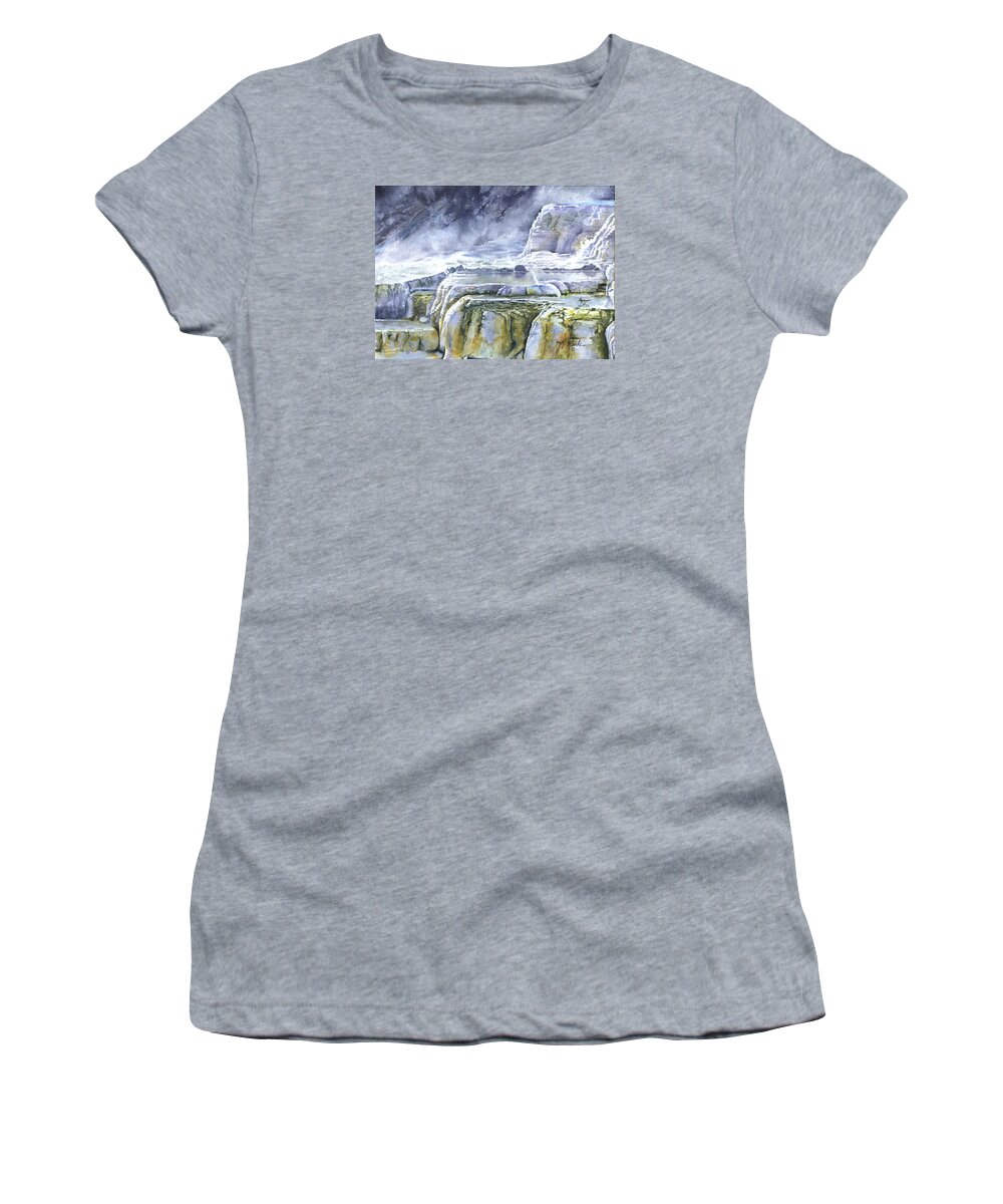Bird Women's T-Shirt featuring the painting Killdeer Palisades - Mammoth Hot Springs by Marsha Karle