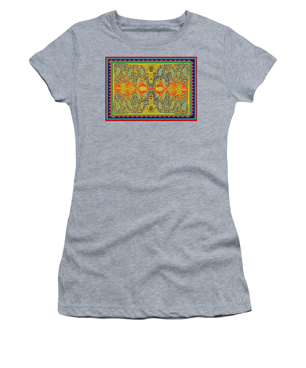 Kuna Women's T-Shirt featuring the digital art Kuna Bird Spirits by Vagabond Folk Art - Virginia Vivier