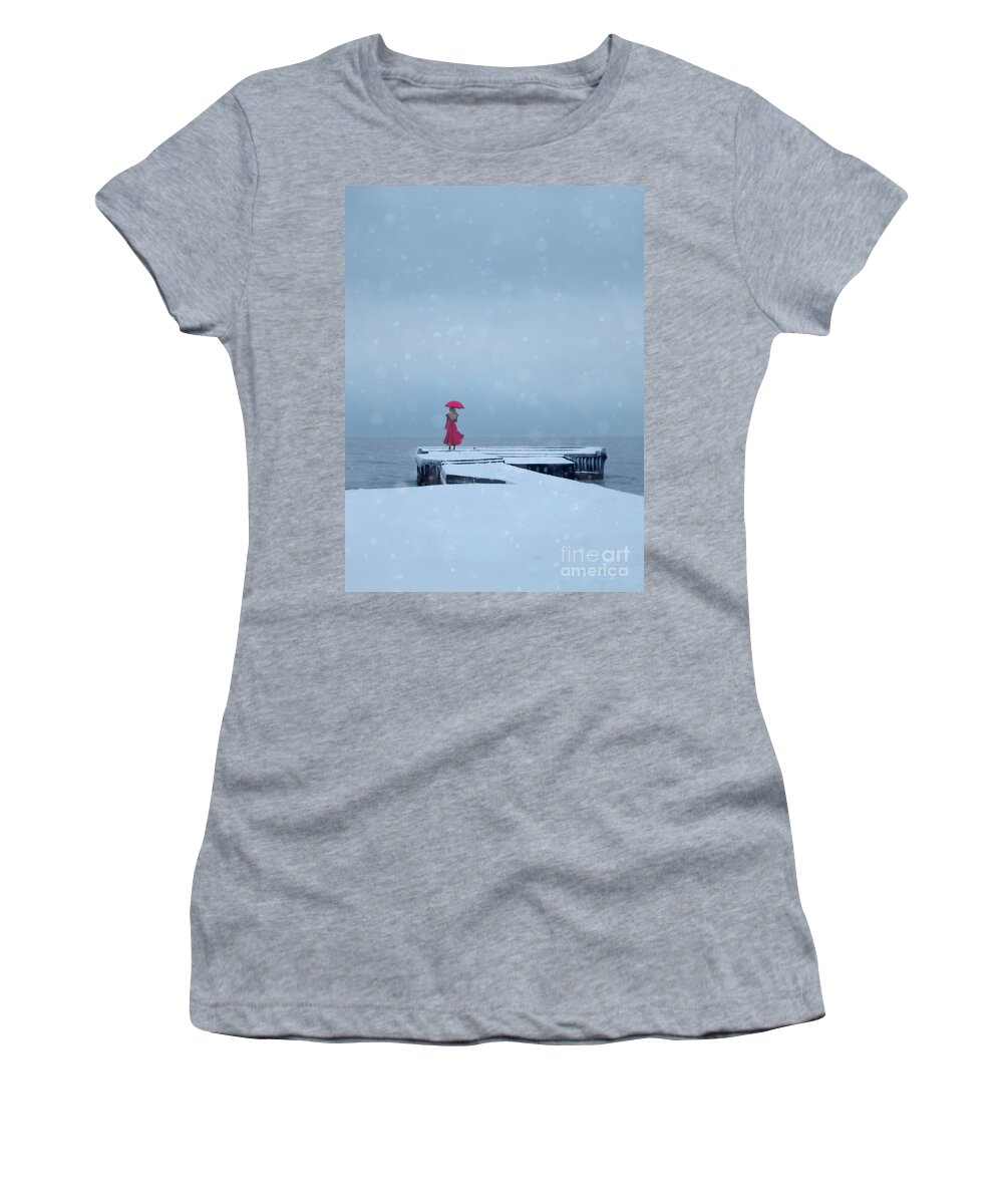Lady Women's T-Shirt featuring the photograph Lady in Red on Snowy Pier by Jill Battaglia