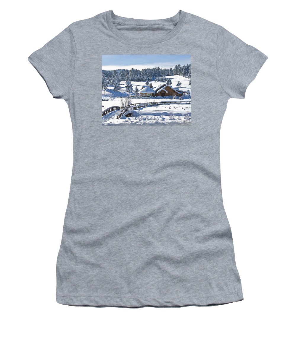 Evergreen Colorado Women's T-Shirt featuring the photograph Lake House in Snow by Ron White
