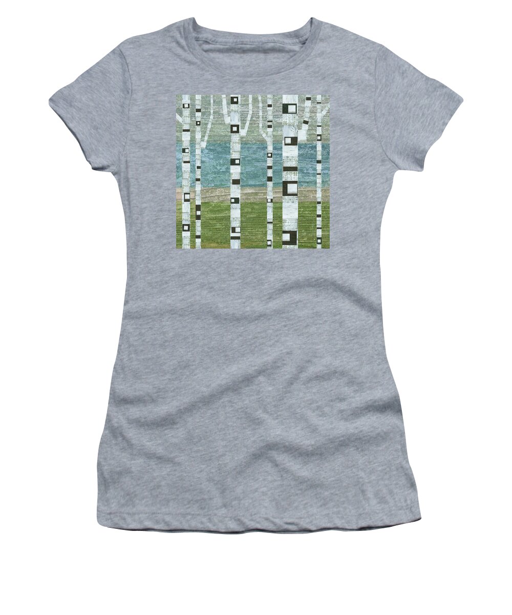 Birch Tree Women's T-Shirt featuring the digital art Lakeside Birches by Michelle Calkins