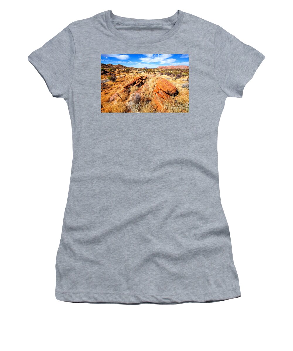 Central Australia Landscape Outback Water Hole West Mcdonnell Ranges Northern Territory Australian Landscapes Ghost Gum Trees Larapinta Drive Women's T-Shirt featuring the photograph Larapinta Drive West McDonnell Ranges by Bill Robinson