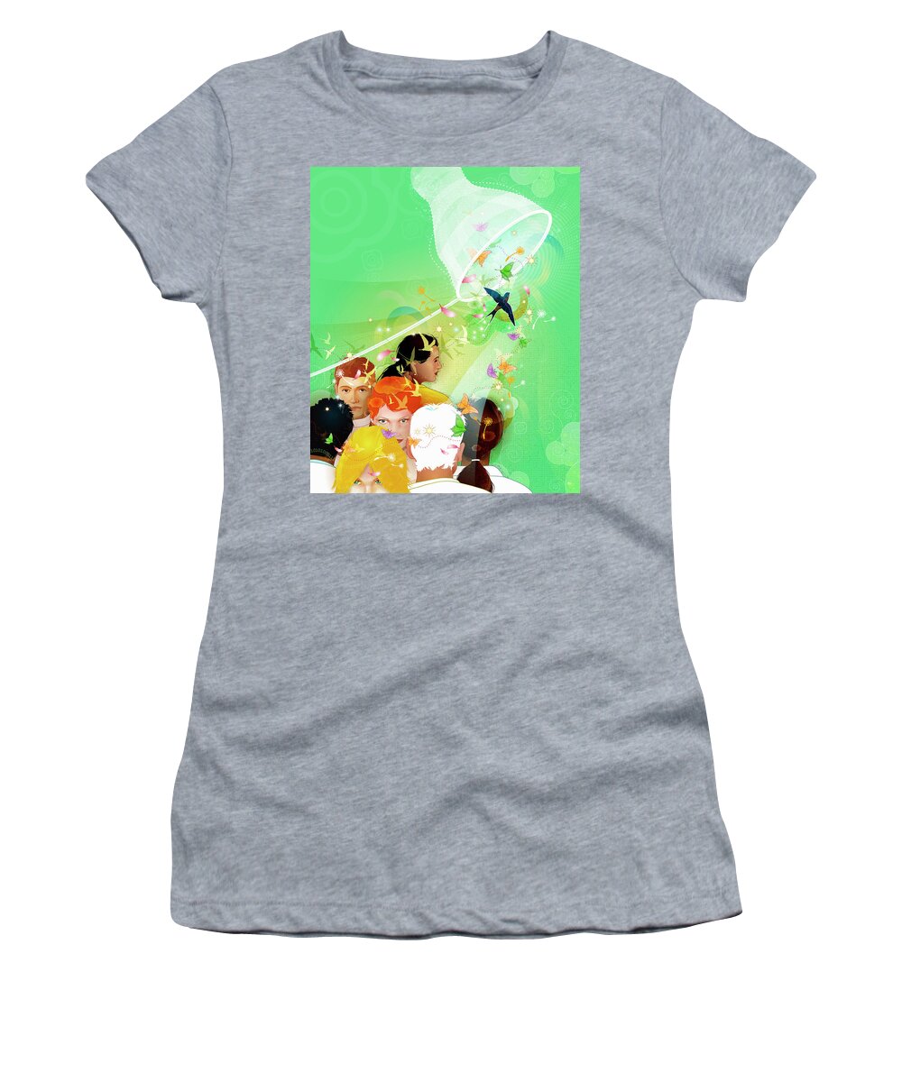 Adult Women's T-Shirt featuring the photograph Large Net Catching Birds by Ikon Ikon Images