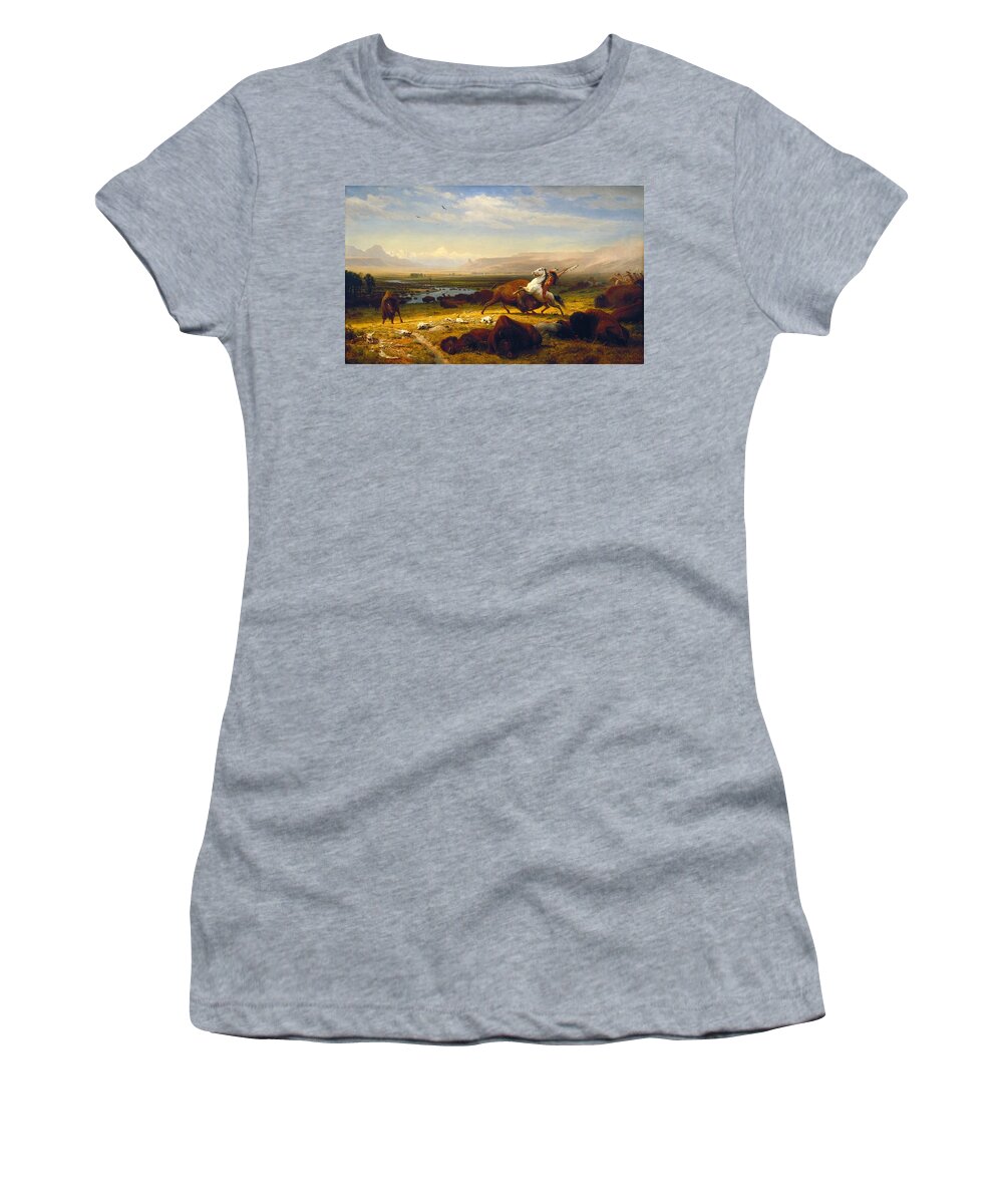 Albert Bierstadt Women's T-Shirt featuring the digital art Last Of The Buffalo by Albert Bierstadt