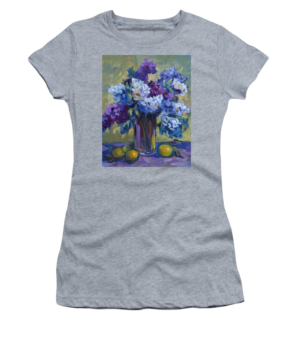Still Life Women's T-Shirt featuring the painting Lemons and Lilacs by Diane McClary