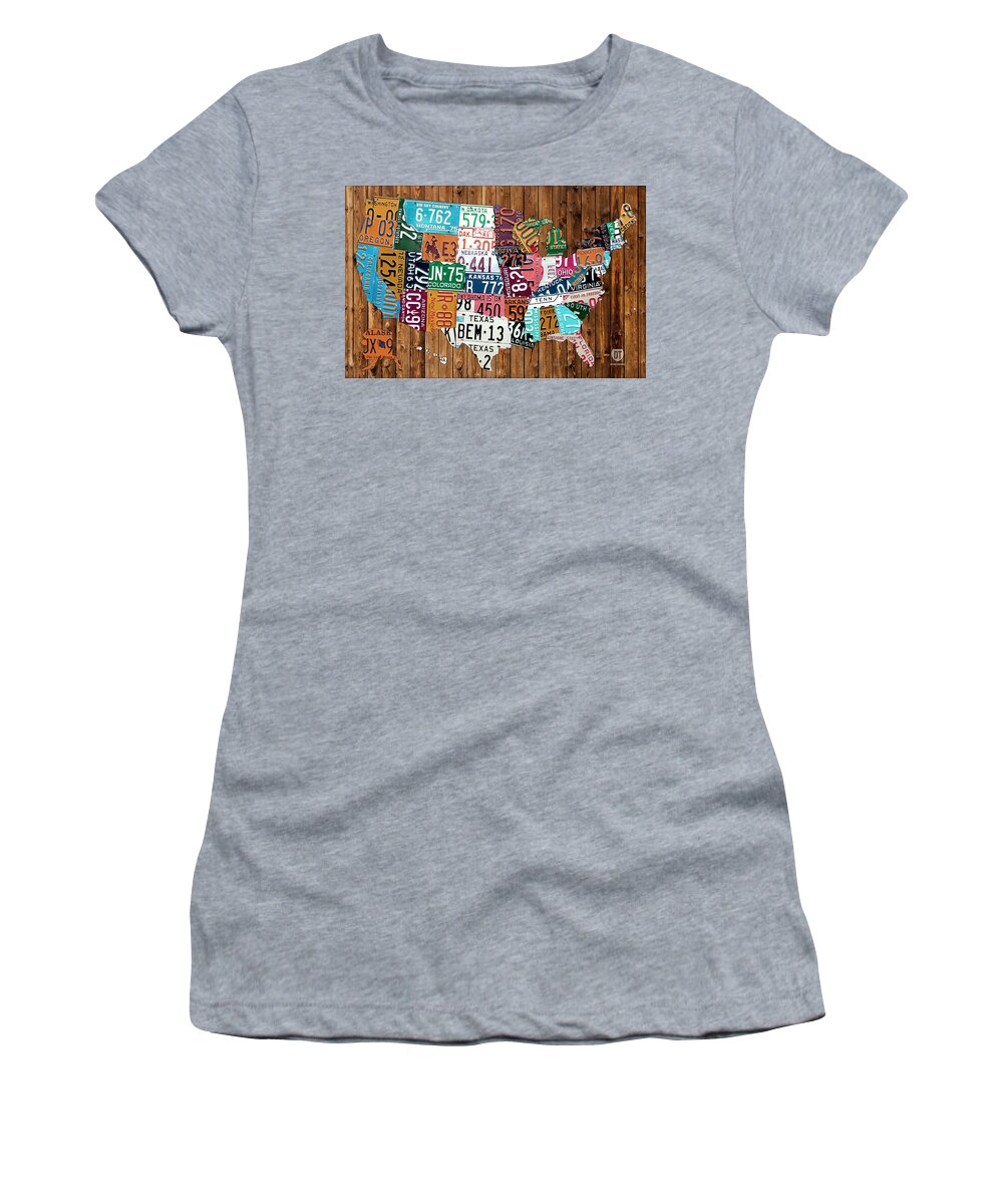 License Plate Map Women's T-Shirt featuring the mixed media License Plate Map of The United States - Warm Colors on Pine Board by Design Turnpike