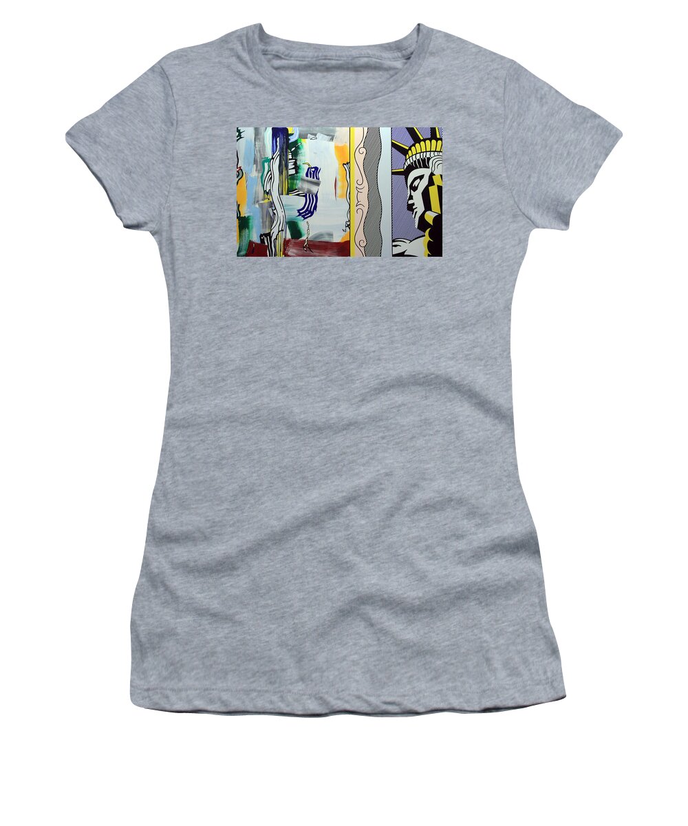 Painting With Statue Of Liberty Women's T-Shirt featuring the photograph Lichtenstein's Painting With Statue Of Liberty by Cora Wandel