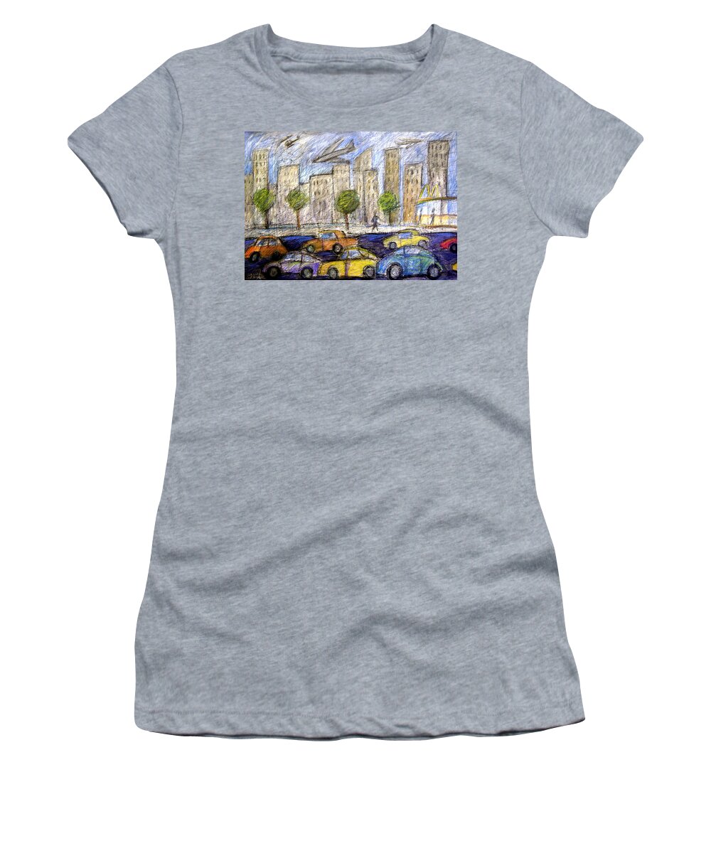 Airliners Women's T-Shirt featuring the painting Life in the Big City by Gerry High