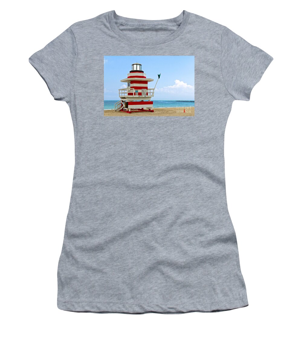 South Women's T-Shirt featuring the photograph Lifeguard station at the beach in South Miami by Les Palenik