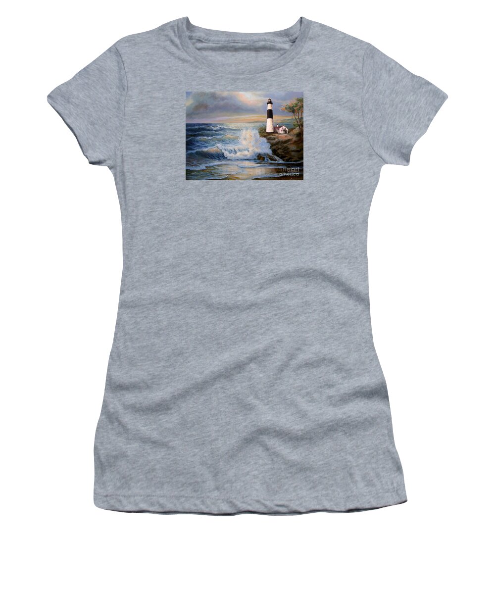  Big Sable Point Michigan Lighthouse Oil Painting Women's T-Shirt featuring the painting Big Sable Point Lighthouse with crashing waves by Regina Femrite