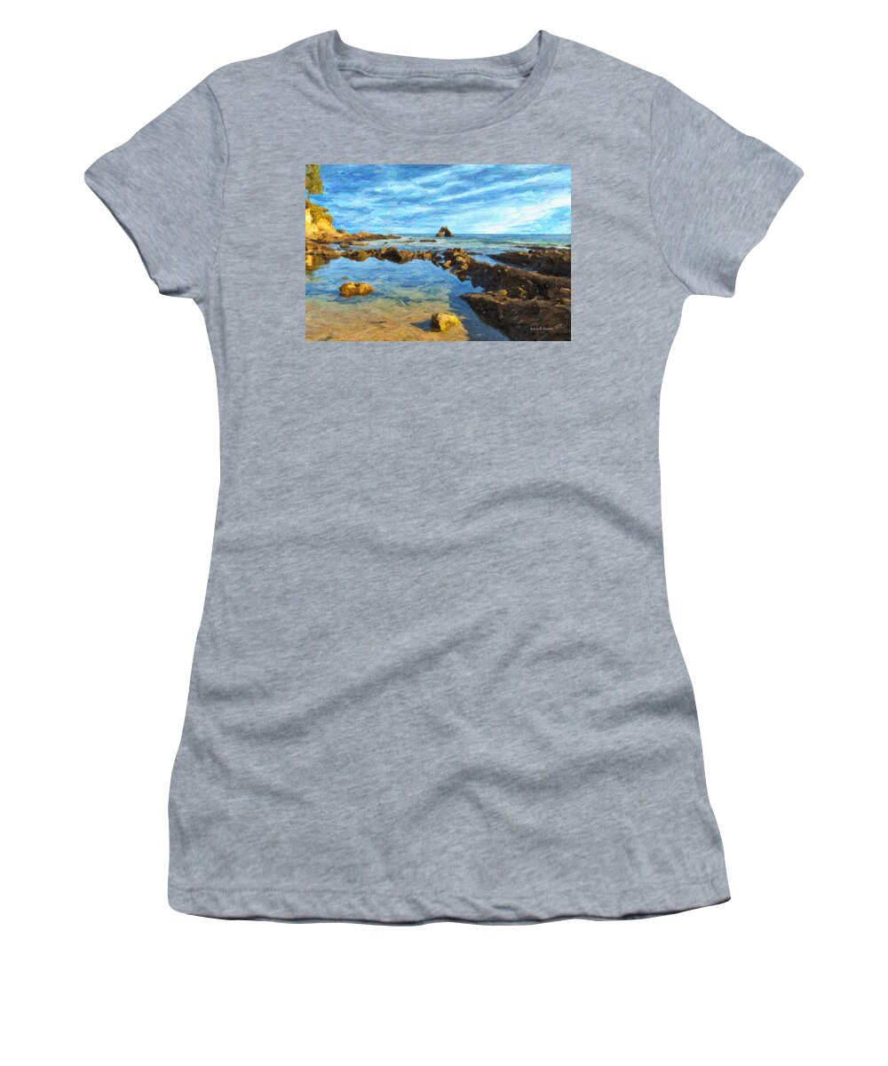 Corona Del Mar Women's T-Shirt featuring the painting Little Corona Beach by Angela Stanton