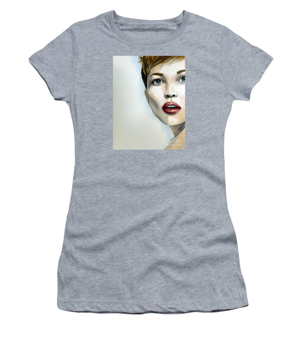 Woman With Surprised Shocked Expression Women's T-Shirt featuring the painting Living on the Edge by Michal Madison