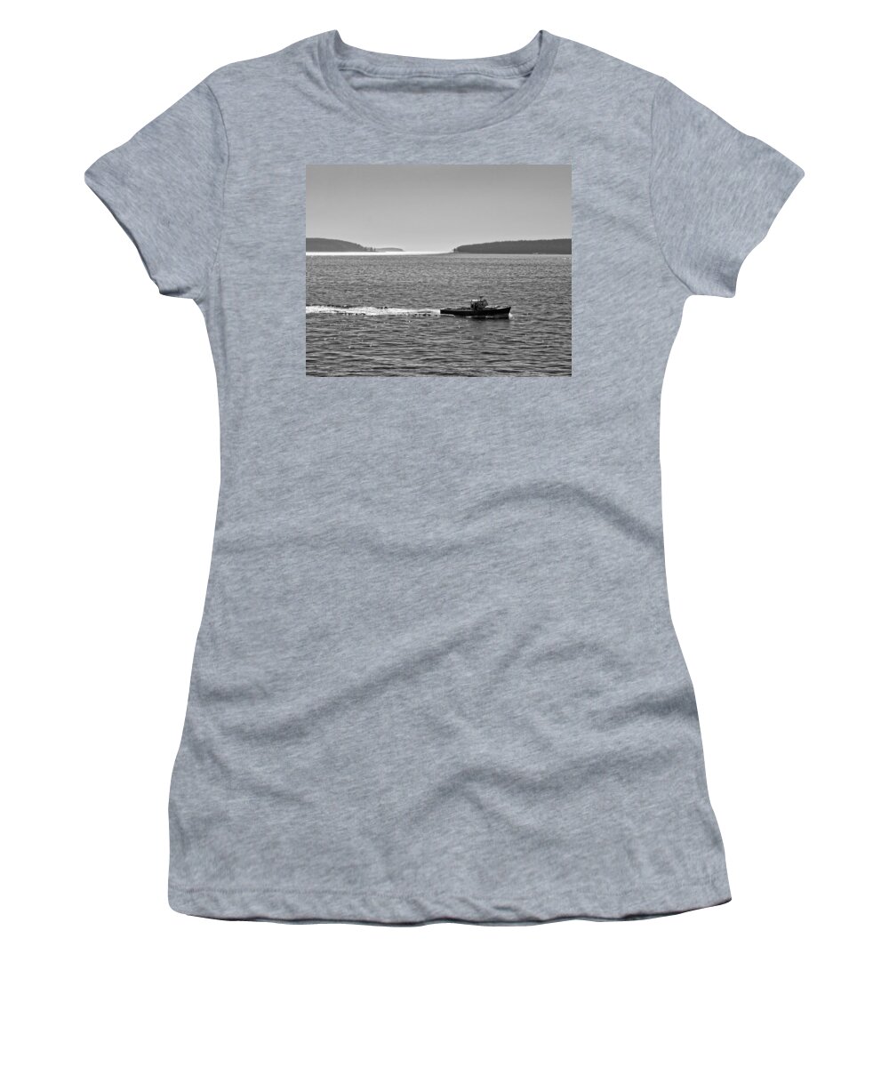 Acadia National Park Women's T-Shirt featuring the photograph Lobster Boat And Islands Off Acadia National Park in Maine by Keith Webber Jr