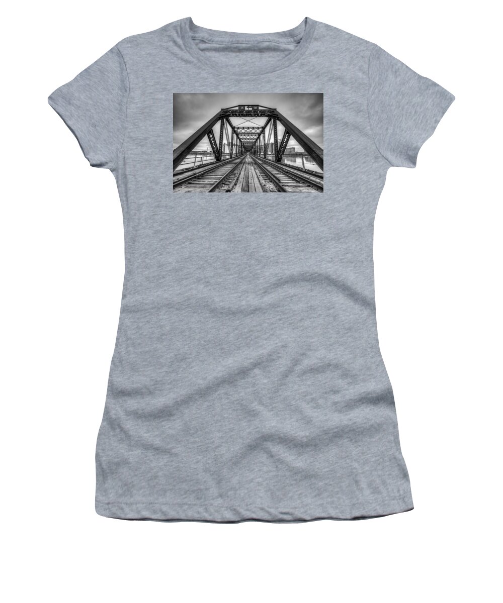 Cedar Rapids Women's T-Shirt featuring the photograph Looking Down the Tracks in Black and White by Anthony Doudt