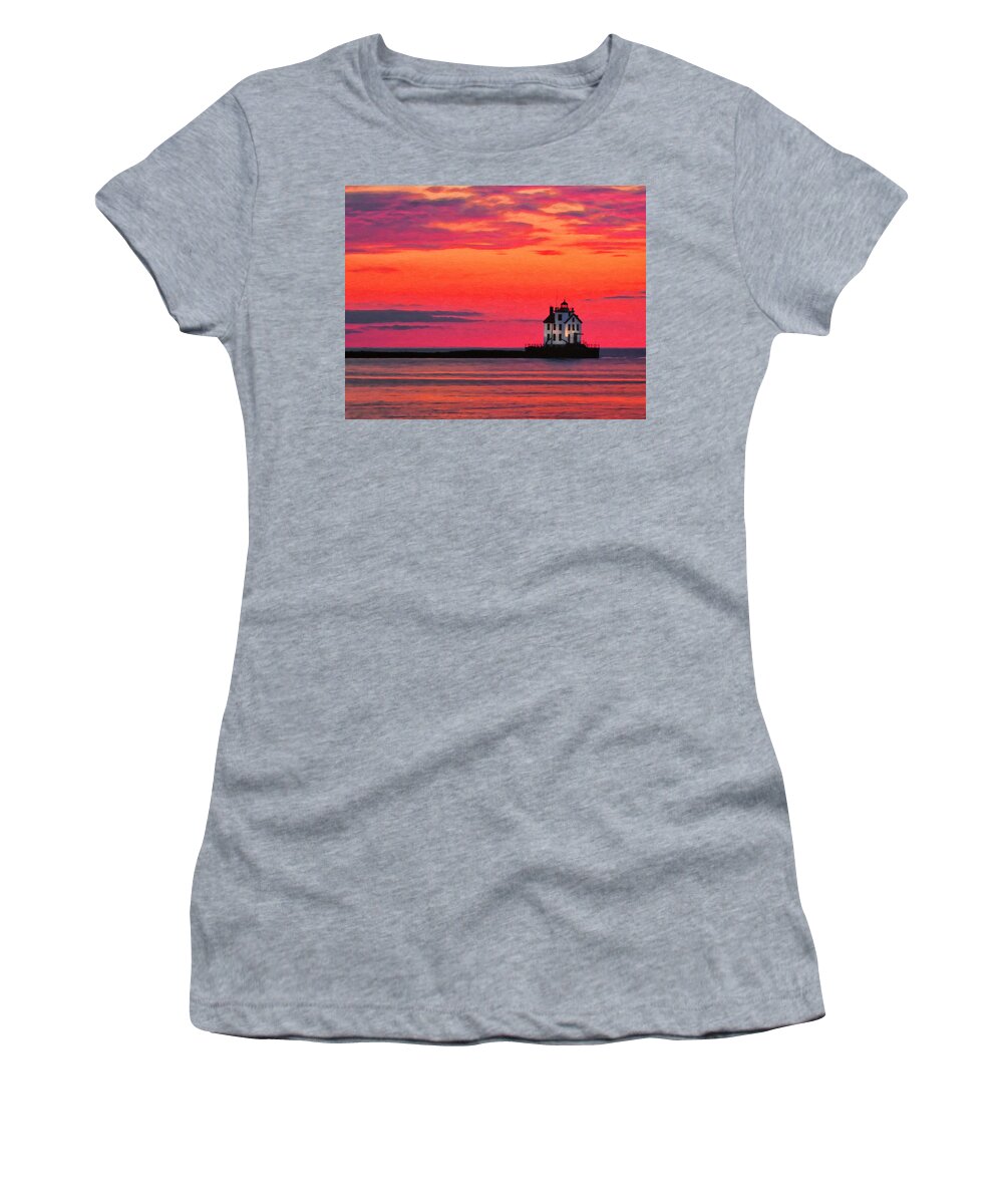 Lake Erie Women's T-Shirt featuring the painting Lorain Lighthouse at Sunset by Michael Pickett