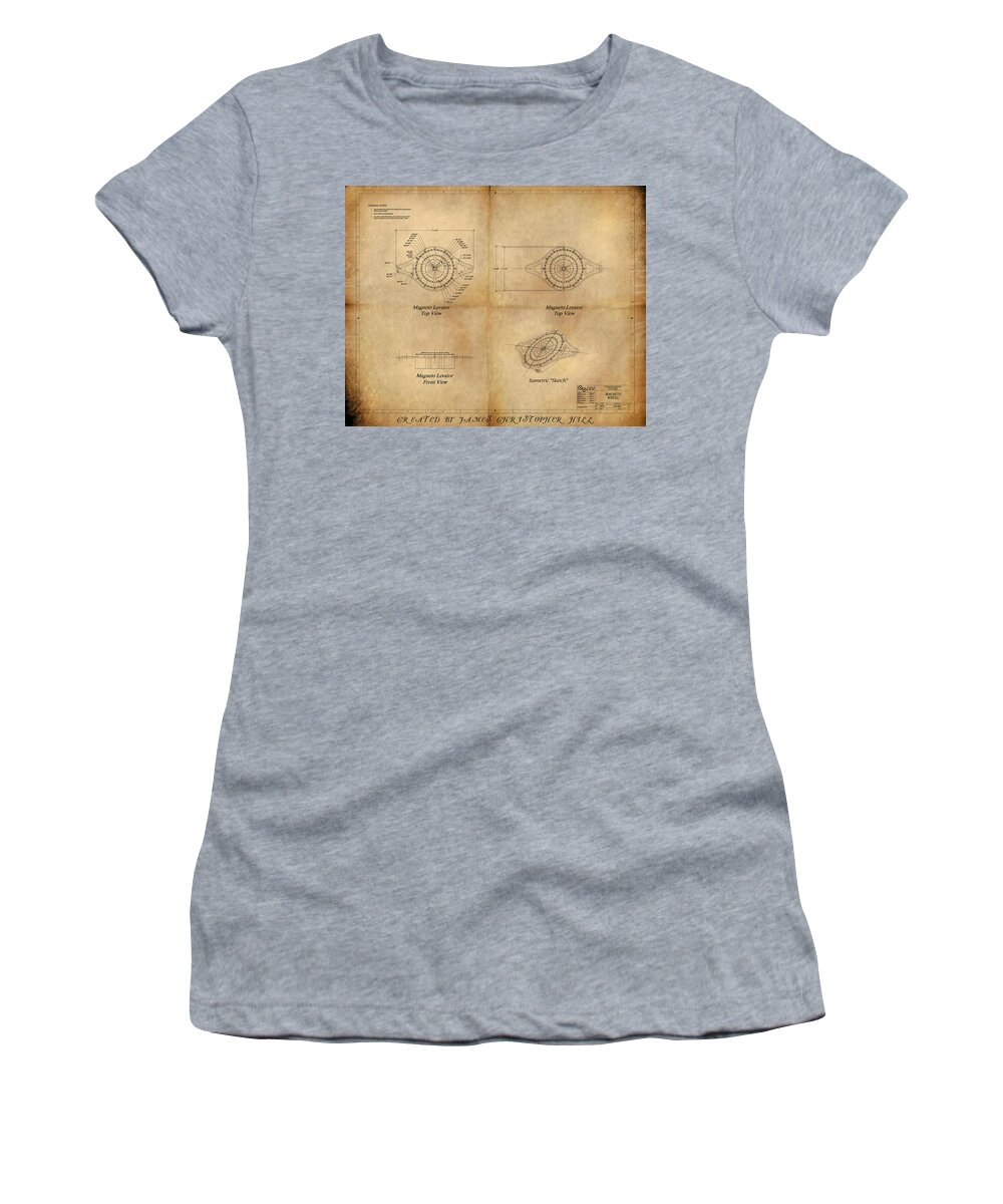 Steampunk; Gears; Housing; Cogs; Machinery; Lathe; Columns; Brass; Copper; Gold; Ratio; Rotation; Elegant; Forge; Industry; Jules Verne Women's T-Shirt featuring the painting Magneto System Blueprint by James Hill
