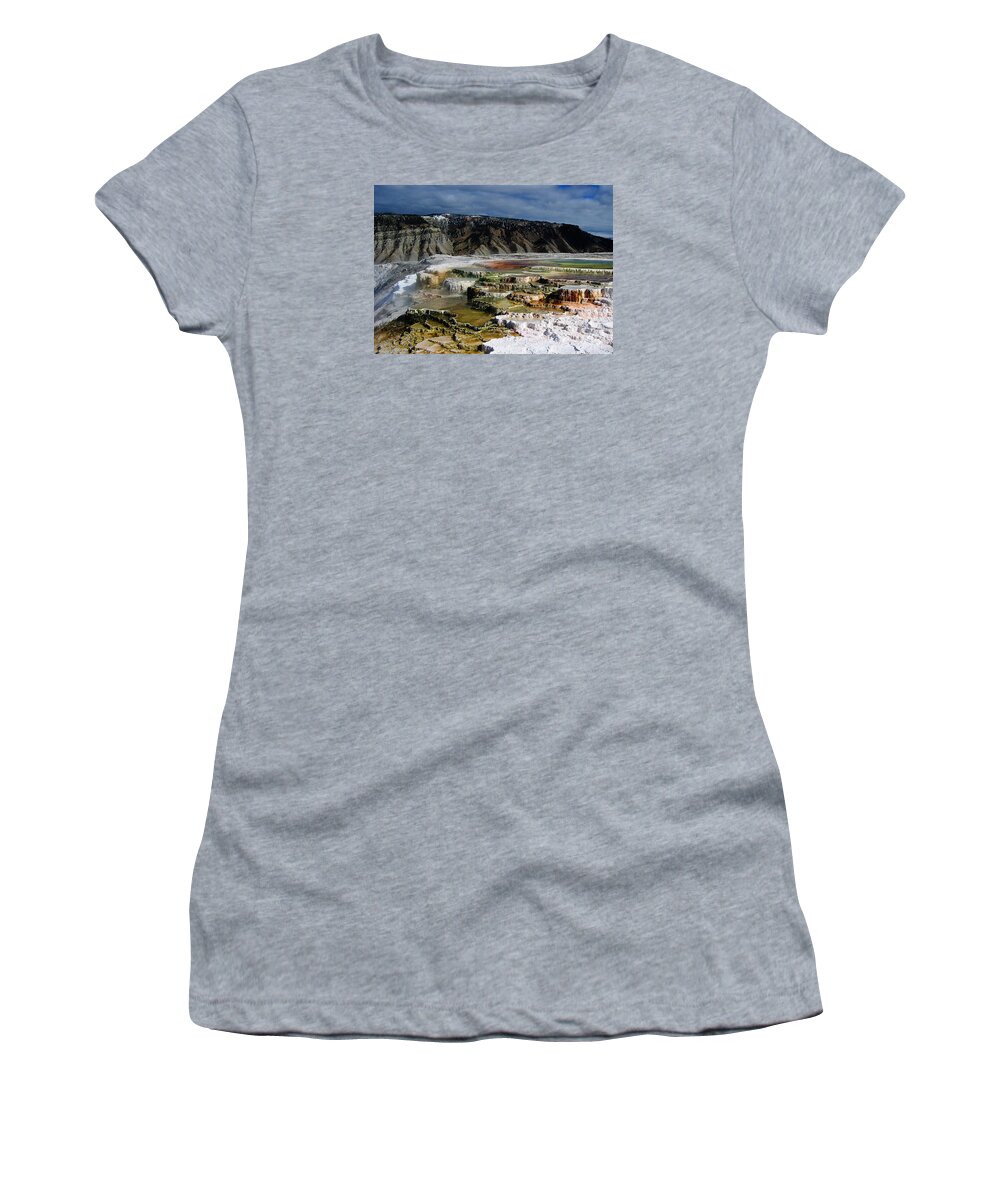 Mammoth Hot Springs Women's T-Shirt featuring the pyrography Mammoth Hot Springs by Robert Woodward