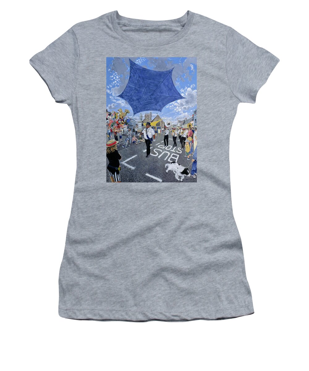 Awning Women's T-Shirt featuring the photograph Marching Band, Brecon Jazz Festival, 1994 Oil On Board by Huw S. Parsons