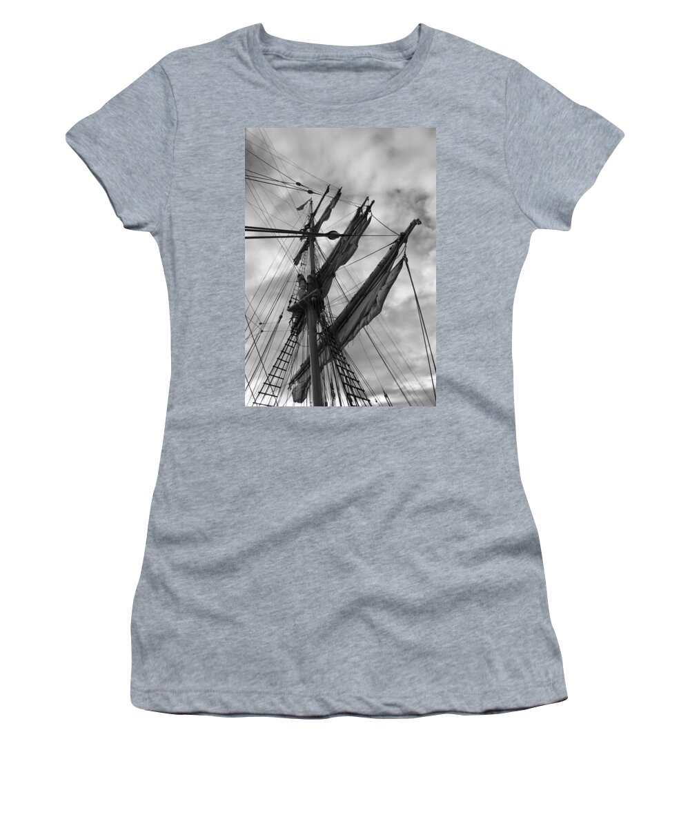 Adventure Women's T-Shirt featuring the photograph Mast and sails of a brig - monochrome by Ulrich Kunst And Bettina Scheidulin