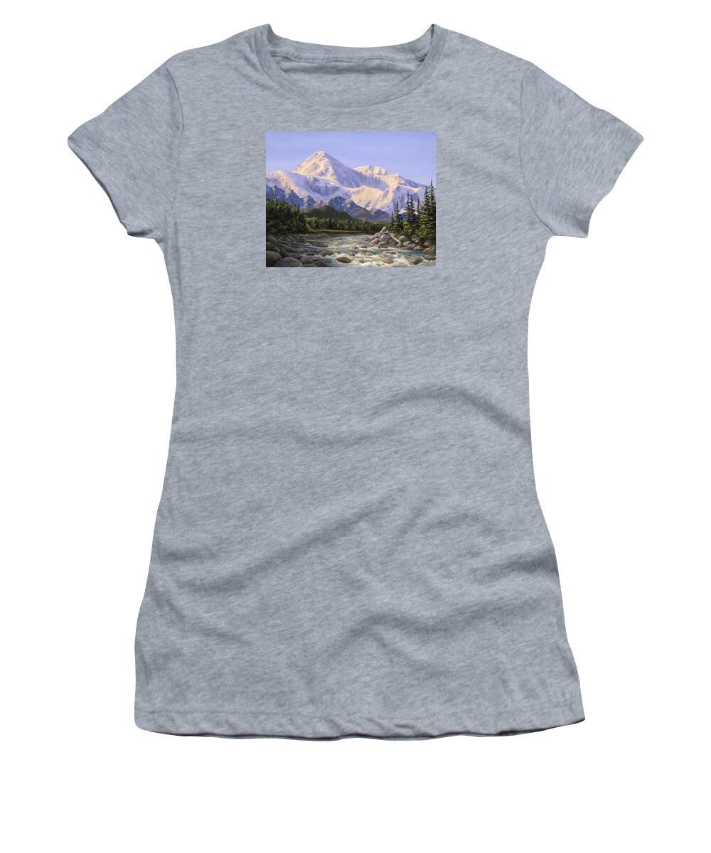 Alaska Landscape Women's T-Shirt featuring the painting Majestic Denali Mountain Landscape - Alaska Painting - Mountains and River - Wilderness Decor by K Whitworth