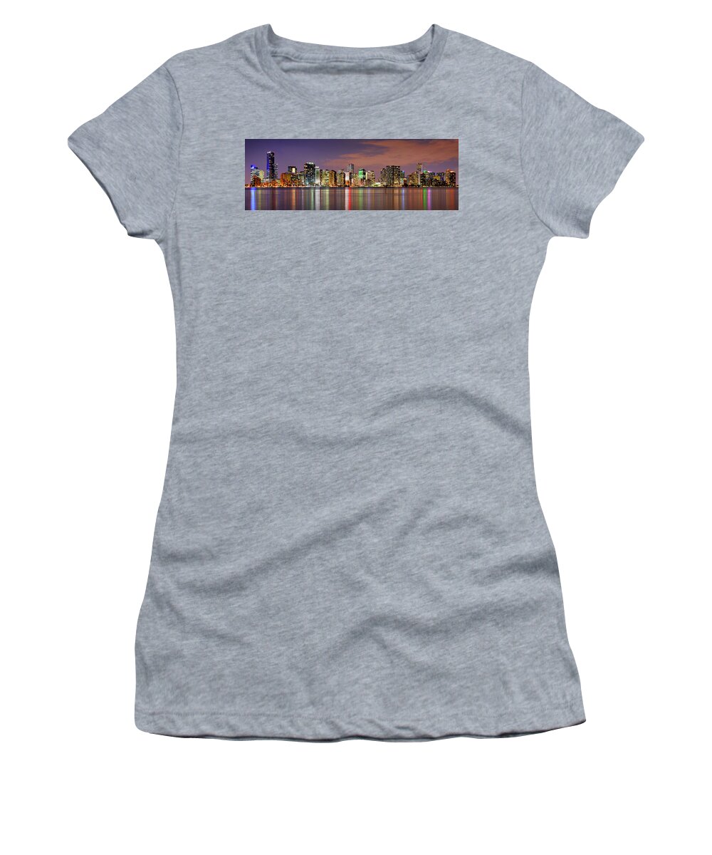 Miami Women's T-Shirt featuring the photograph Miami Skyline at Dusk Sunset Panorama by Jon Holiday