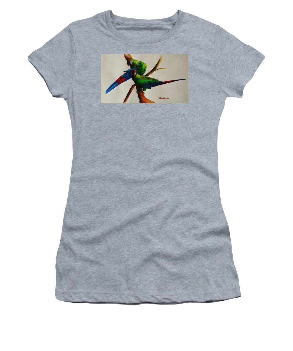 Paintings Women's T-Shirt featuring the painting Military Macaws by Dana Newman
