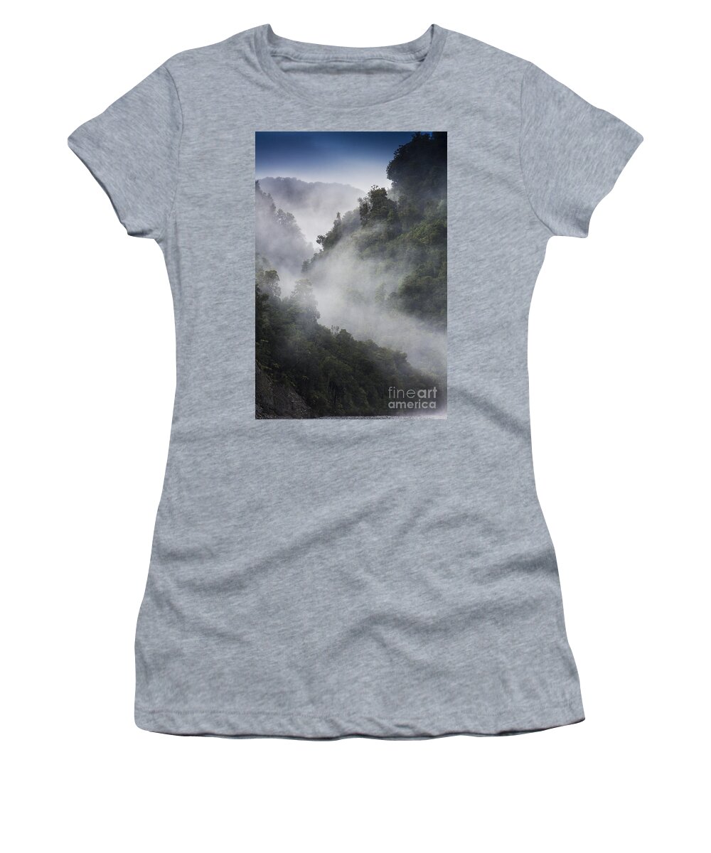 Misty Women's T-Shirt featuring the photograph Mist in trees at Franz Josef glacier by Sheila Smart Fine Art Photography