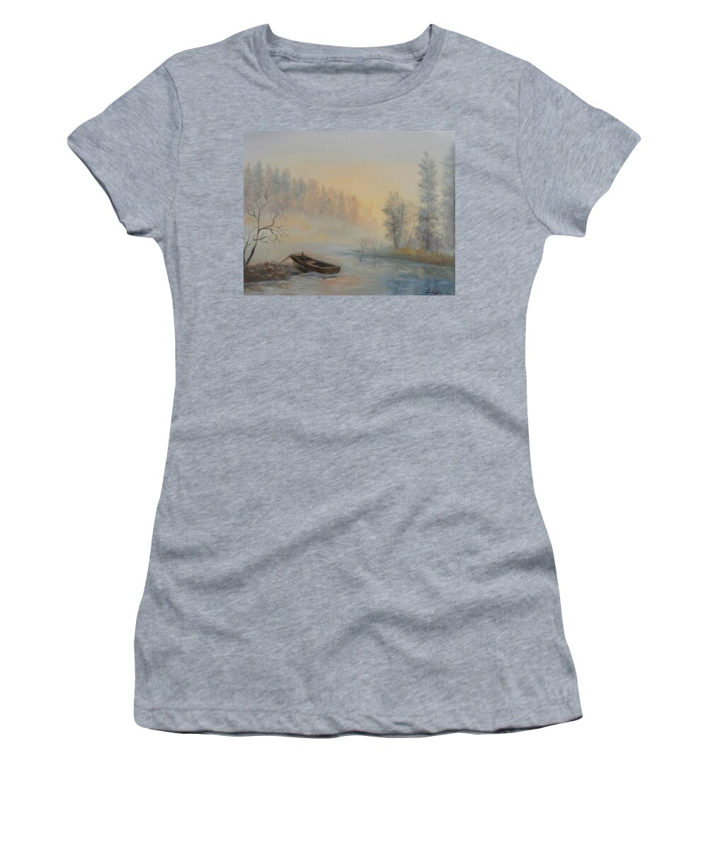 Luczay Women's T-Shirt featuring the painting Misty Morning by Katalin Luczay