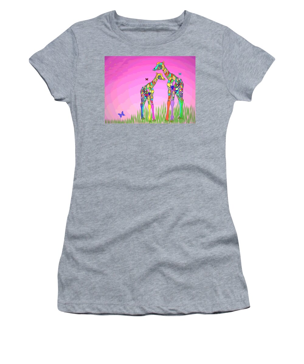 Animal Women's T-Shirt featuring the photograph Mom and Baby Giraffe Unconditional Love by Joyce Dickens