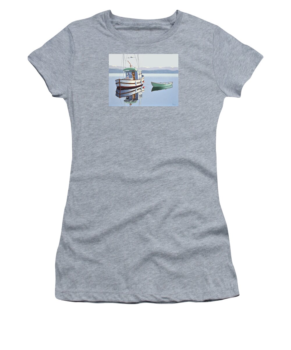 Fishing Boat Women's T-Shirt featuring the painting Morning calm-fishing boat with skiff by Gary Giacomelli