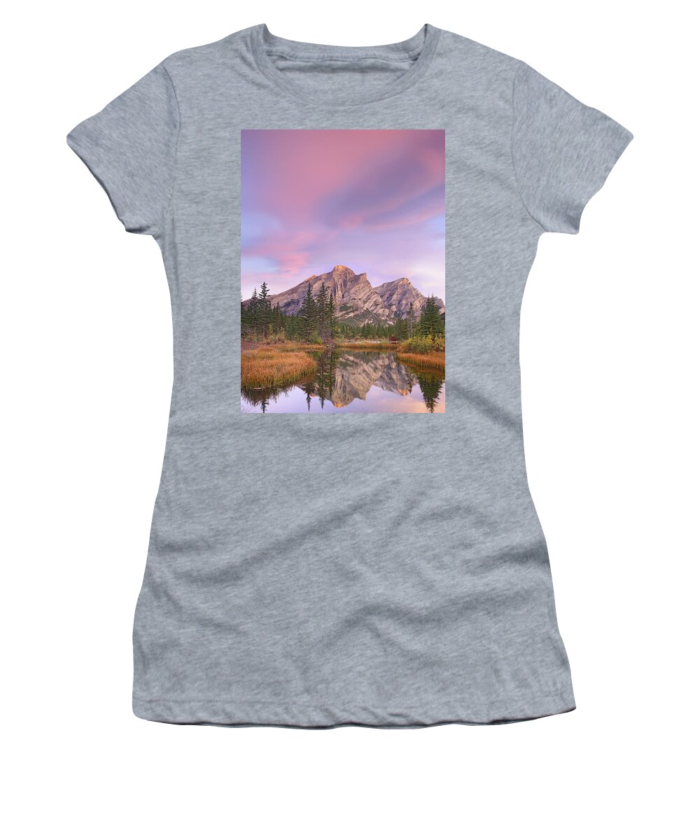 Feb0514 Women's T-Shirt featuring the photograph Mount Kidd Reflected In Pond Alberta by Tim Fitzharris