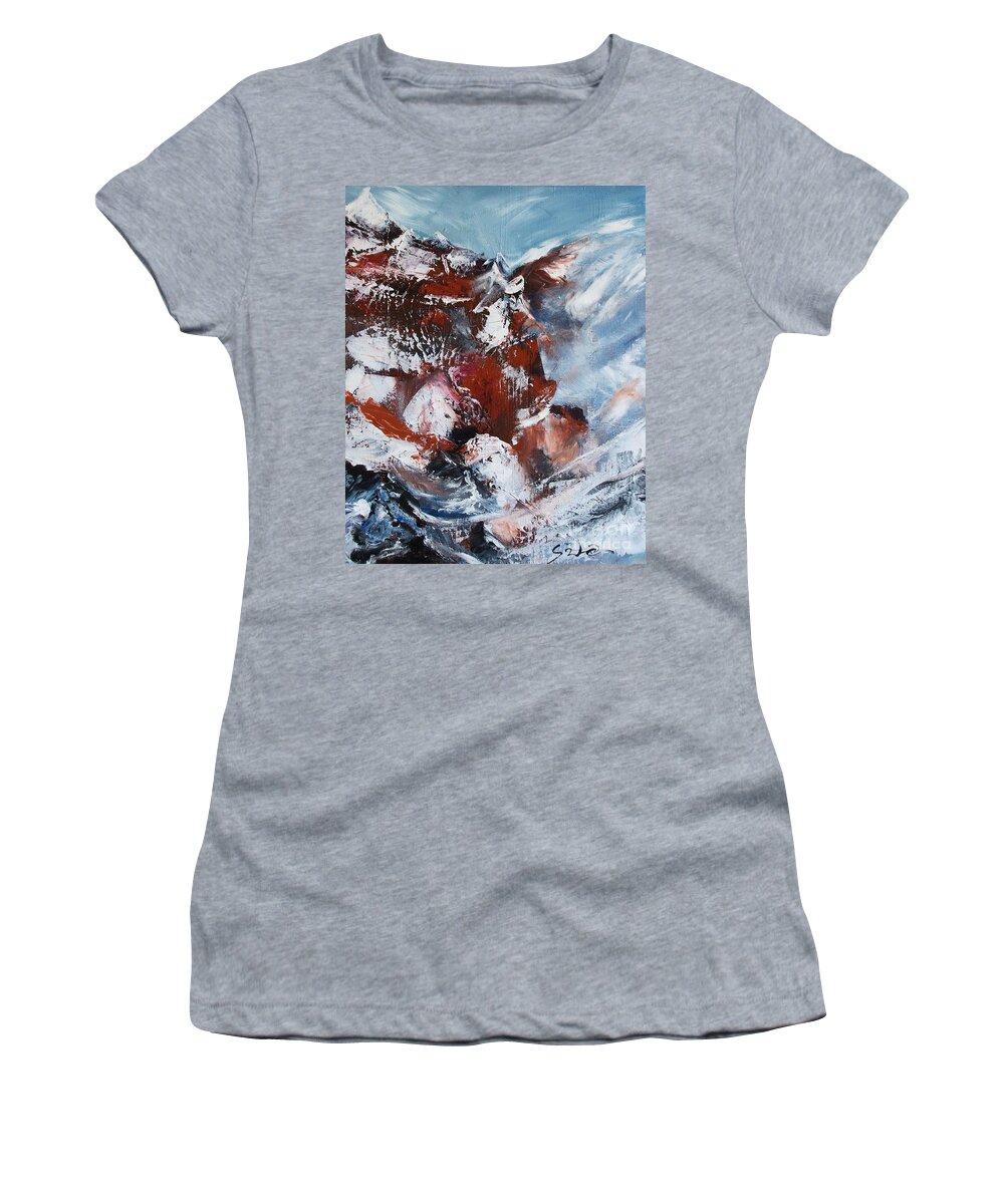 Modern Colorful Art Women's T-Shirt featuring the painting Mountain Sunset by Lidija Ivanek - SiLa